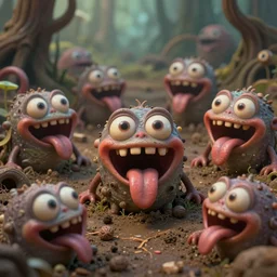 of an intricate murky clay swamp with strange cute friendly laughing creatures with huge eyes, long tongue, square teeth and funny face appearing from the dirt, in the style of craola, macro lens, shallow depth of field, highly detailed, digital painting, trending artstation, concept art, illustration, cinematic lighting, vibrant colors, photorealism, epic, octane render