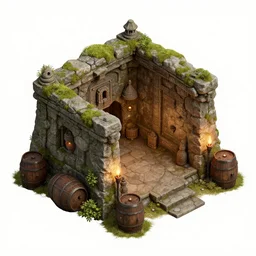 An isometric render of an underground temple, barrels, torches, mossy, detailed, trending on Artstation