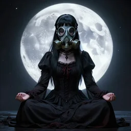 goth girl wearing a gothic dress and a gas mask meditating in front of the moon drawn by naoko takeuchi, highly detailed, octane render