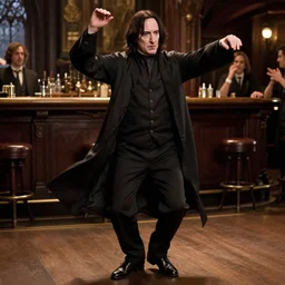 Severus Snape dances in a bar, detailed background, realistic, full body, very detailed, super realistic.