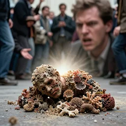 realistic photo of a blurred face of an angry mob, blaming a man covered in shriveled dead coral reef on the floor, emitting aura, 1 9 6 0, life magazine photo, natural colors, metropolitan museum, kodak, 8 k, very detailed, high resolution, product photo,