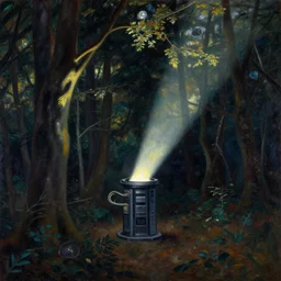 teleportation machine in a dark forest, light shining from the machine and illuminating the trees by eugene delacroix and farel dalrymple, style of moonstone