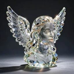 a transparent crystal glass statue of a Beyonce's head with wings on her back, studio photography, detailed, in focus