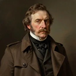 portrait of a middle aged victorian gentleman, trenchcoat and waistcoat, male, detailed face, victorian, highly detailed, cinematic lighting, digital art painting by greg rutkowski