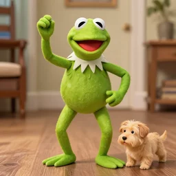 dslr photo of kermit the frog dancing with a light brown dog