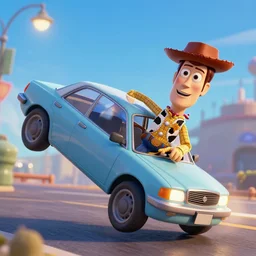 woody from toy story driving a sedan flipping off traffic