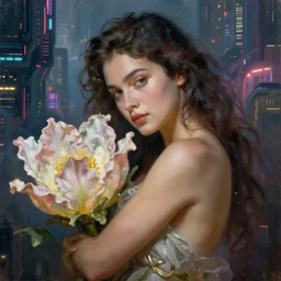 a beautiful closeup 4K portrait painting of a flower goddess in a sensual pose, in the style dan mumford artwork, in the background a futuristic cyberpunk city is seen.