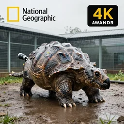 nature photography of an ankylosaurs, rainy day, outside enclosure, 4 k photograph, award winning, 5 0 mm, telephoto lens, national geographic