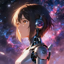 makoto shinkai. robotic android girl. futuristic cyberpunk dystopia. vibrant nebula sky. back of head.