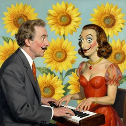 🌻🎹🎼, lowbrow in the style of brad parker and camille rose garcia and salvador dali, 8 k, matte painting,