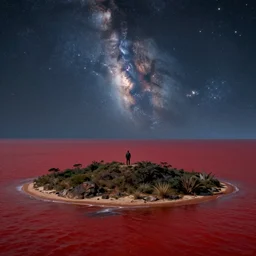 man moves into the Triassic period, finding himself on an island of land in the middle of a red-blood-colored ocean, with an open view of the night sky and the stars of the Milky Way in highly detailed painting style