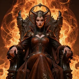 evil steampunk pyromancer woman, ornamental halo, black shirt, brown body, tunic, intricate robes, sitting on obsidian throne, fractal fire background, sharp focus, highly detailed, perfect face, cinematic lighting, studio quality, chiaroscuro, smooth render, unreal engine 5 rendered, octane, rendered, by artgerm, greg rutkowski, alphonse mucha