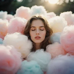 A vintage analog head and shoulder frontal face portrait photography of a beautiful woman surrounded by thousand fluffy soft giant oversized pastel colorful cotton balls all around by Neil Krug. Long hair. Vogue. Closed eyes. Kodak Portra 800 film. shallow depth of field. (Depth of field). whirl bokeh!!. Golden hour. detailed. hq. realistic. warm light. muted colors. Filmic. Dreamy. lens flare. Mamiya 7ii, f/1.2, symmetrical balance, in-frame