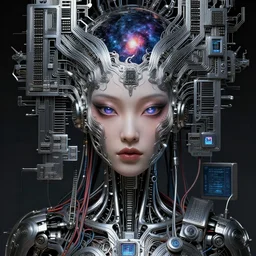 female robot pilot, mechanical creature, electronic wires relays computer nerves, girl face, dystopian surrealism, alex ries zdzisław beksinski giger, very intricate details, demon chinese female, deep luminous eyes contain galaxies, head contains nebula, deep aesthetic, concept art, carved silver circuits diodes resistors semiconductors, highly ornate