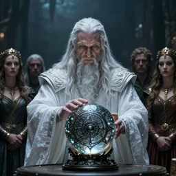 majestic Saruman the wise white shimmer wizard gazing at dark Palantir crystal ball by Mark Brooks, Donato Giancola, Victor Nizovtsev, Scarlett Hooft, Graafland, Chris Moore