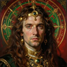 hyper realistic portrait painting of frank dillane with intrincate detail, golden ornaments, and detailed face by godward, gustav moreau, saturno butto, boris vallejo, austin osman spare and david kassan, by bussiere. in romantic style, occult art, occult diagram, red and green color scheme.