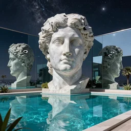 Petros Afshar, minimalistic, hyperrealistic surrealism, award winning masterpiece with incredible details, epic stunning, infinity pool mirrors, a surreal vaporwave liminal space with mirrors, highly detailed, trending on ArtStation, artgerm and greg rutkowski and alphonse mucha, daily deviation, IAMAG, broken giant marble head statue ruins, nightscape, milkyway