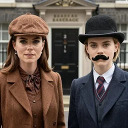 two parts : katie holmes dressed wearing brown deerstalker at left, emma watson wearing bowler hat with moustache at right, london baker street 2 2 1 b at background, 8 k, cinematic, ultra detailed faces, octane render