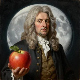 Isaac Newton, the apple and the moon, oil on canvas, intricate, 8k highly professionally detailed, HDR, CGsociety