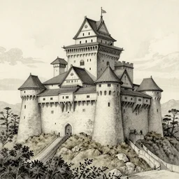 A medieval castle, sketch, detailed, artwork by Akihiro Yamada
