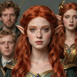 alluring highly detailed close-up matte portrait of beautiful elf girl with red hair wearing a fantasy outfit, very detailed, realistic, by Stanley Artgerm Lau, greg rutkowski, thomas kindkade, alphonse mucha, loish, norman rockwell J.