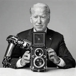 photo of cyborg joe biden by diane arbus, black and white, high contrast, rolleiflex, 5 5 mm f / 4 lens