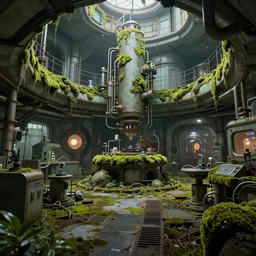 an abandoned futuristic laboratory covered in moss and molds, highly detailed, 8k, octane render,