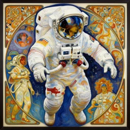 a beautifull intricate painting of spaceman, reflexions, verry high details by william turner art, greg rutkowski and alphonse mucha, trending on artstation, very very detailed, masterpiece, vibrant colors