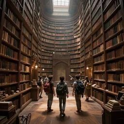 Explorers discover a vast library, fantasy, wide shot, trending on artstation
