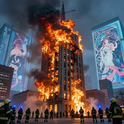 big skyscraper is on fire, lots of firefighters around the building, police lights, digital art, 4 k, high detailed, mooth, sharp focus, artgerm, alphonse mucha, photorealistic by beksinski