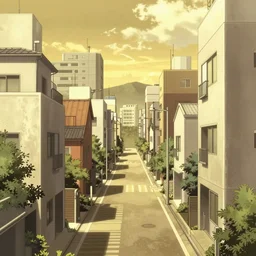 japanese town, neighborhood, surreal neighborhood, street view, anime, modern neighborhood, japanese city, underground city, modern city, tokyo - esque town, 2 0 0 1 anime, cel - shading, compact buildings, sepia sunshine, yellow sunshine