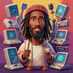stylish caricature 3 d vfx drew struzan movie poster art of an african jesus surrounded by various gaming consoles, art style by james jean & hsiao - ron cheng, unreal engine render, digital illustration, sharp, intricate detail, volumetric lighting, ray tracing, soft light, colourful, claymation style, ernie barnes style, symmetry, acrylic on canvas, pinterest, artstation,