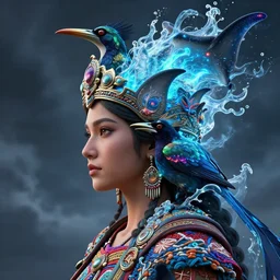 3 d goddess close - up profile portrait. beautiful intricate highly detailed mexican magpie helm and traditional mexican huipil! quetzalcoatl, stingray, bio luminescent, plasma, lava, ice, water, wind, stormy, creature, artwork by tooth wu and wlop and annie leibovitz, octane 3 d render