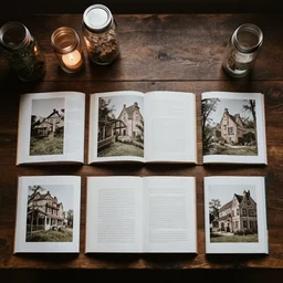 flatlay book collection, cottagecore aesthetic, dramatic lighting, mason jars, wooden table