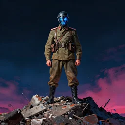 portrait of futuristic world war 1 russian soldier with scary mask with blue light glowing, on top of a giant debris pile, dark night background, trendy colors, high details, dripping paint, greg rutkowski, craig mullins, ash thorpe, fibonacci rhythm ar