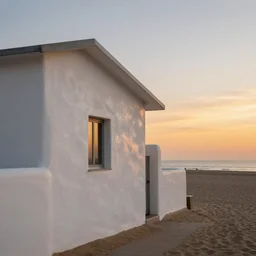house with white walls near the beach, sunset