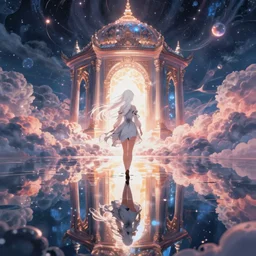 white haired girl walking in flooded cloud palace night, fractal dreamscape, cinematic, mirror reflection, vibrant colors, digital anime illustration in paint tool sai