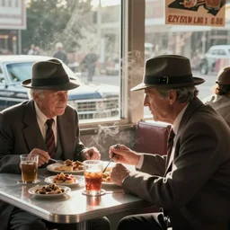 color movie scene of two old detectives with fedora hats at breakfast in a diner warm lighting, moody vibe, sunny day, dark knight ( 2 0 0 8 ) set in 1 9 7 2. light haze. cadillac parked outside window. fred herzog