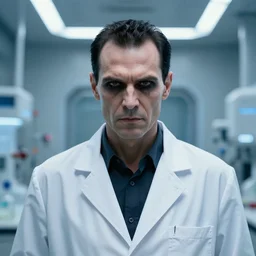 an ultra realistic colour cinematic headshot portrait of an evil scientist, stood inside a futuristic lab, colour, detailed, deep focus, movie still, dramatic lighting, ray tracing, by werner herzog and ryoji ikeda