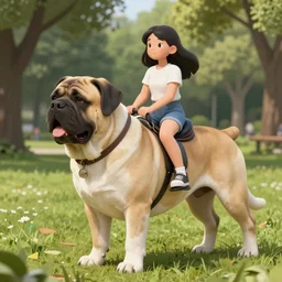 girl riding a giant Neapolitan Mastiff in the park, trending on artstation