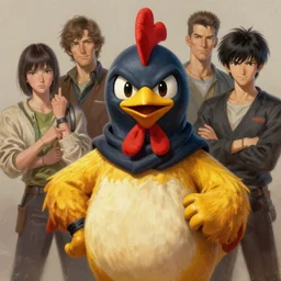 a ninja chicken mascot character posing for a picture, digital painting, masterpiece by rembrandt and thomas kinkade and frank frazetta and kentaro miura, by reiq and tite kubo, stylized yet realistic faces and anatomy, advanced lighting technology, beautiful, gorgeous brush strokes