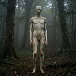 an old worn photo of a tall pale creature deep in a dark foggy forest