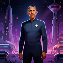 barack obama in an alien space federation uniform, standing in front of a cosmic futuristic civilization, pixel art, pixiv, dramatic lighting, inspired by blade runner, 2 0 7 7 video game, greg rutowski
