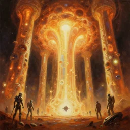 dramatic perspective organic 3 d fractal a minimalist bioluminescent microscopy, gigantic pillars, maschinen krieger, beeple, the matrix, star wars, ilm, star citizen, mass effect, oil painting by donato giancola, chris foss, warm coloured, cinematic scifi with giant bright translucent fury road in space, artstation, atmospheric perspective