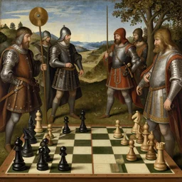 renaissance painting of medieval warfare, but instead of people they're chess pieces