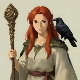portrait of a female druid, simple clothes, celtic, staff, crow on her shoulder, fantasy, face like gal gadot, red hair shinkai makoto studio ghibli studio key hideaki anno sakimichan stanley artgerm lau rossdraws james jean marc simonetti elegant highly detailed digital painting artstation pixiv