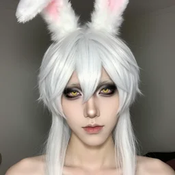 portrait of a handsome androgynous pale man with yellow eyes, black eye shadow, shoulder length white hair, and rabbit ears