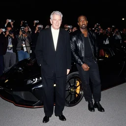 john paul ii and kanye west dressed black posing in front of a black supercar, evening, dark, press paparazzi photograph