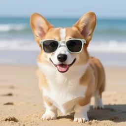 a corgi puppy on the beach wearing neon sunglasses and smiling, digital art