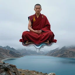 abstract illustration of a tibetan monk in lotus position flying over himalaya mountains lake in weightlessness in traditional red cloth, small foggy and blue gloomy, highly detailed, photorealistic, abstract science fiction illustration by salvador dali, jeremy geddes, with liquid glsl shader deformations in processing